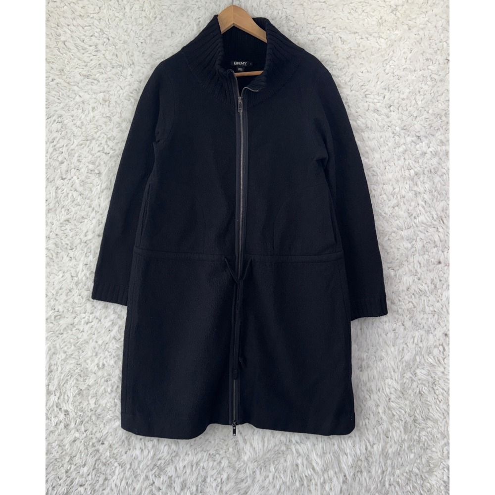 DKNY Zip Up 100% Wool Long Coat Sweater Small Black Minimalist Quiet Luxury Cozy